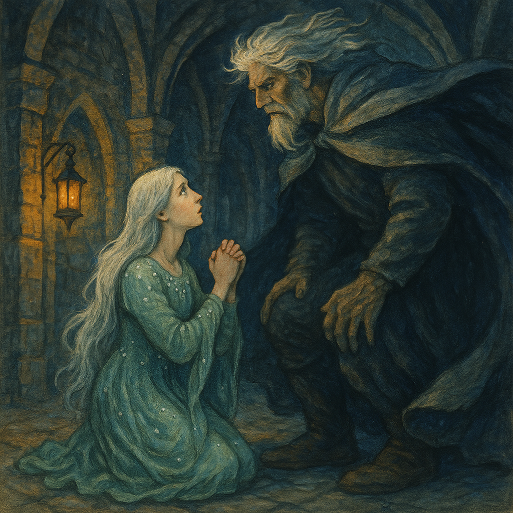 The Spring Princess kneels before the Giant of the Great Wind in The Princess Of The Springs