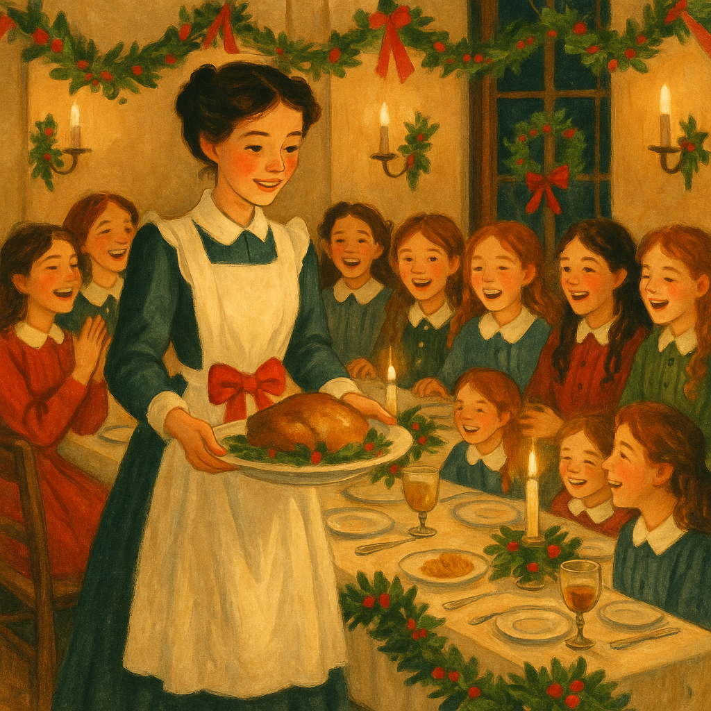 Betty serves Christmas dinner as a cheerful "butler" in The Queerest Christmas, holly decorating the festive school table.