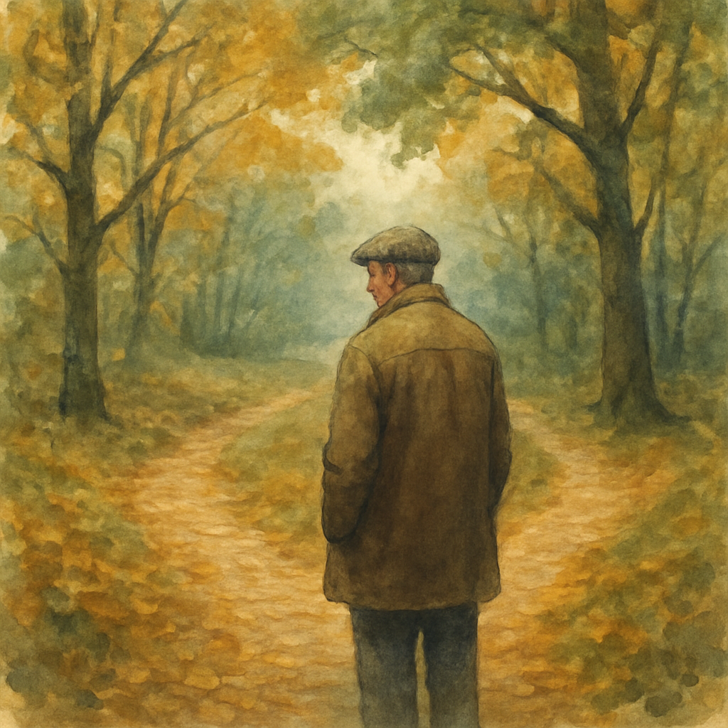 A lone traveler pauses at a fork in an autumn forest in The Road Not Taken by Robert Frost.