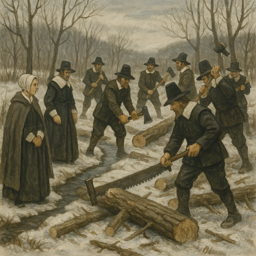Pilgrim settlers chop timber and saw logs on Christmas Day 1620, illustrating The Same Christmas in Old England and New.