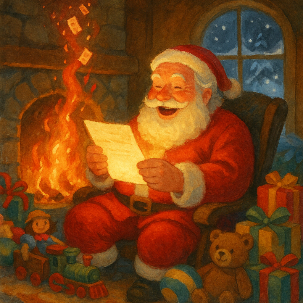 Santa Claus laughing with delight as magical letters fly through dancing flames in The Santa Claus Line