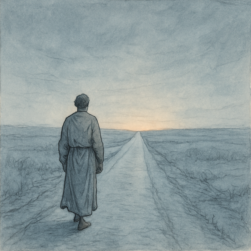 A lone figure walks a frost-covered road toward a distant glow, illustrating Dickinson's poem The Savior Must Have Been a Docile Gentleman.