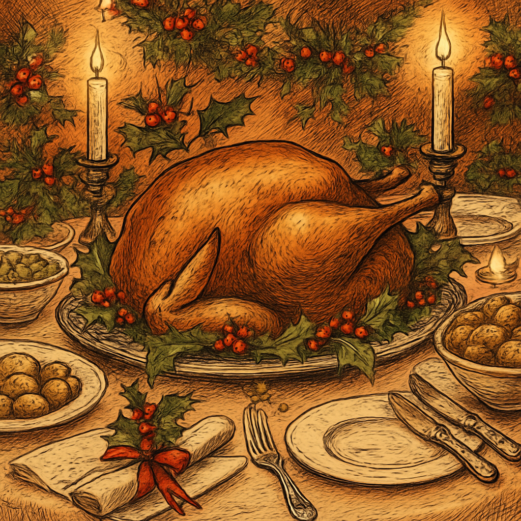 A golden roast turkey on a festive Victorian dinner table, evoking The Seven Ages of the Christmas Turkey.