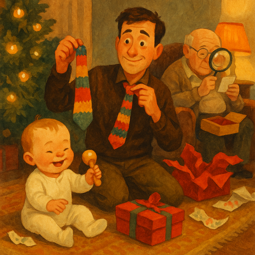 An elderly man peers through a magnifying glass in a Christmas living room, in The Seven Sets of Presents.