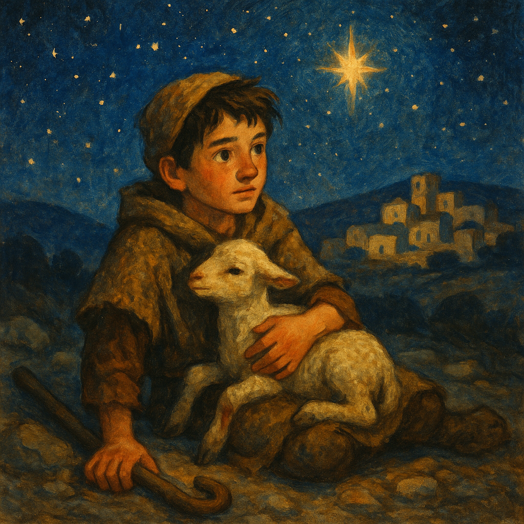 A young shepherd boy cradles an injured lamb on a rocky hillside at night — The Shepherd Who Didn't Go