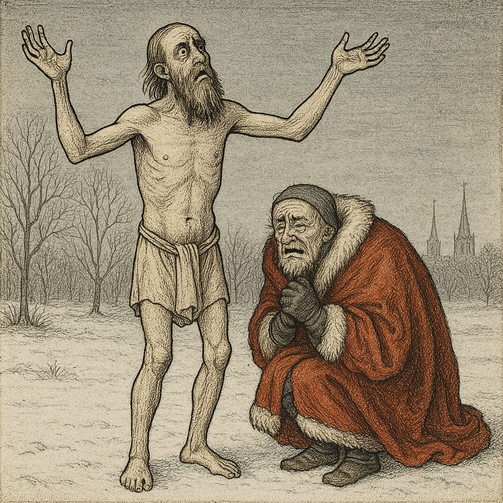 Saint Edward stands naked in the snow beside a shivering beggar wrapped in a scarlet coat, in The Shivering Beggar.