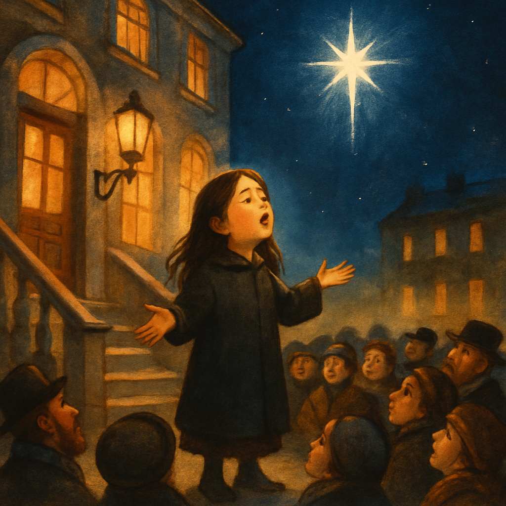 A young girl sings under a bright Christmas star on mansion steps in The Song of the Star.