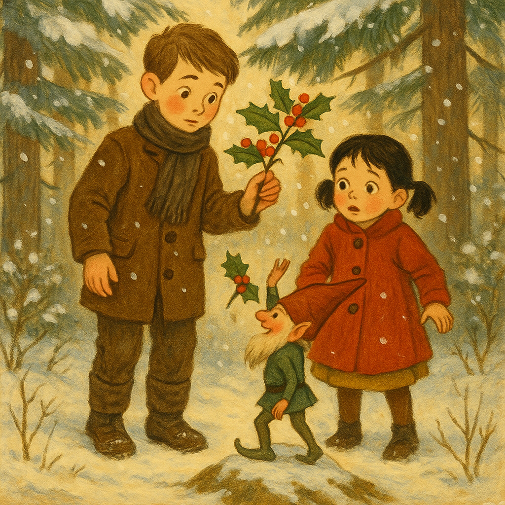 Colin and Dora face a tiny dwarf waving a holly sprig in a snowy forest, in The Sprig of Holly.