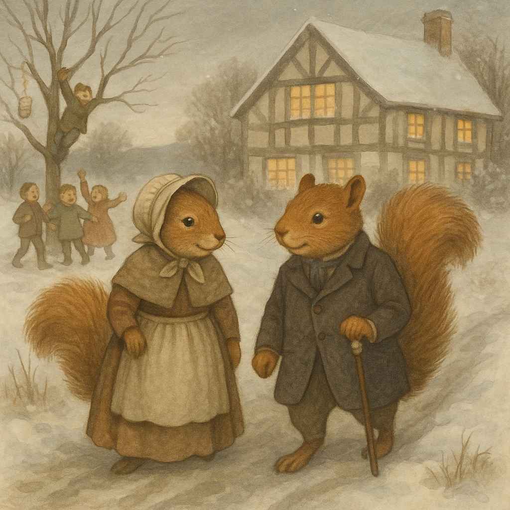 Mr. and Mrs. Squirrel in their finest clothes approach the big house in The Squirrels' Christmas