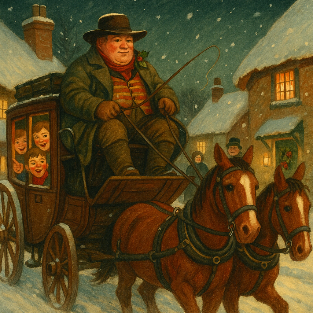 A festive stagecoach carrying three excited schoolboys rattles through a snowy English village in The Stage Coach.