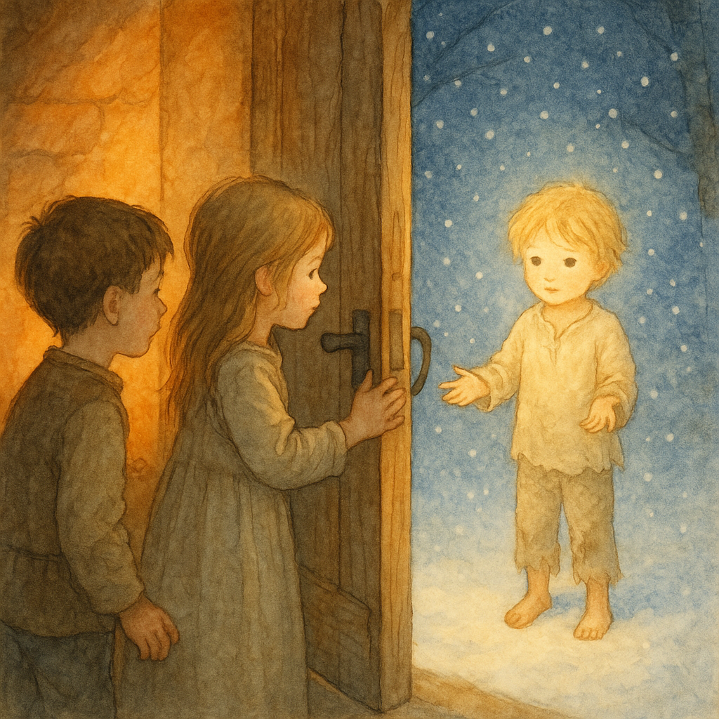 Valentine and Marie open their cottage door to the stranger child in the snow, in The Stranger Child.