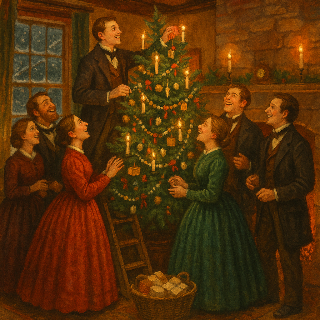 Eight Victorian adults gather around a candlelit Christmas tree in a hotel parlour, scene from The Survivor's Story.