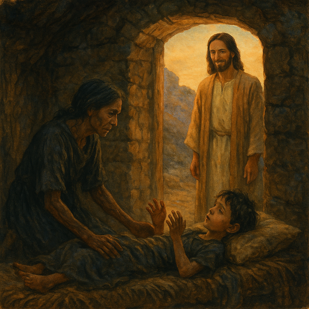 A glowing figure appears at the doorway of a poor stone hut in The Sweet Miracle, as a mother kneels by her sick child.