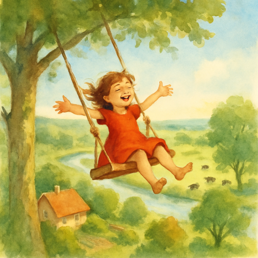 A young girl in a red dress soaring high on a wooden swing above green countryside, illustrating The Swing by Robert Louis Stevenson.