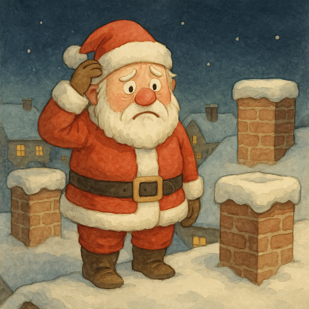 A puzzled Santa stands on a snowy rooftop with sealed chimneys in The Tardy Santa Claus.