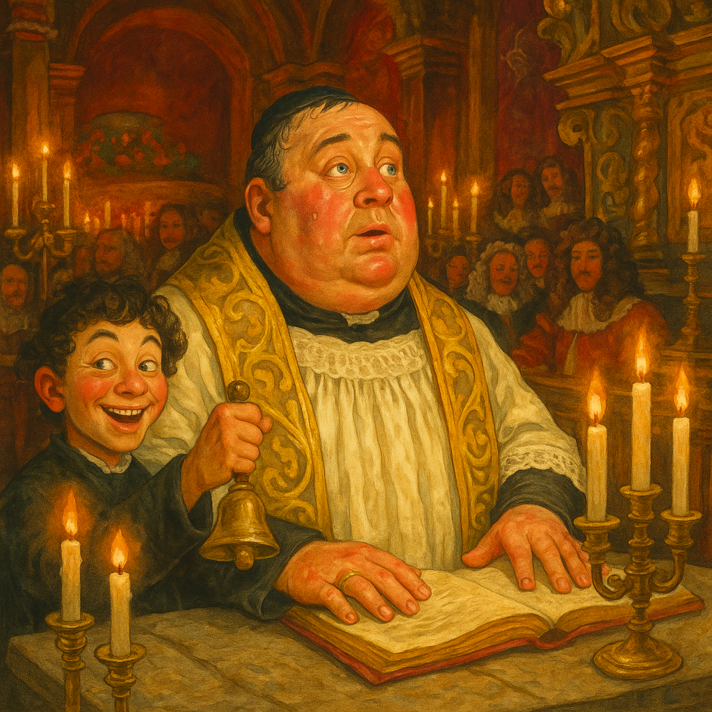Dom Balaguère distracted at the altar while Garrigou rings the bell, in The Three Christmas Masses