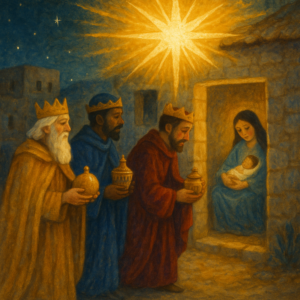 The three kings Melchior, Balthazar, and Jasper arrive at the little house in Bethlehem in The Three Kings of Cologne.