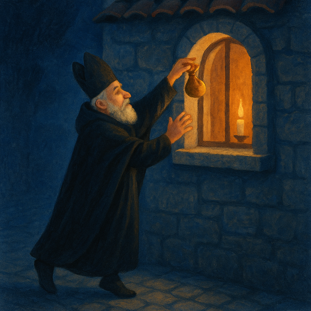 Saint Nicholas tosses a golden purse through a window at night, illustration for The Three Purses