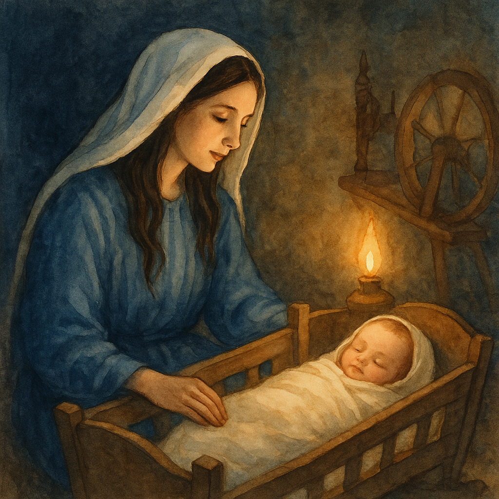 A mother gazes tenderly at her sleeping infant in a candlelit room — The Virgin's Cradle Hymn by Coleridge.