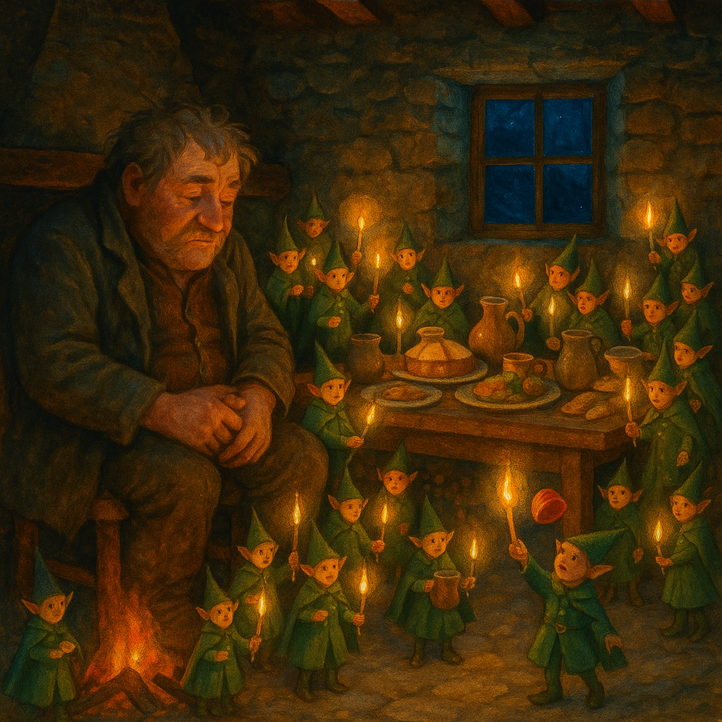 Tiny fairy folk fill Teig's cabin with candlelight and feasting in The Voyage Of The Wee Red Cap