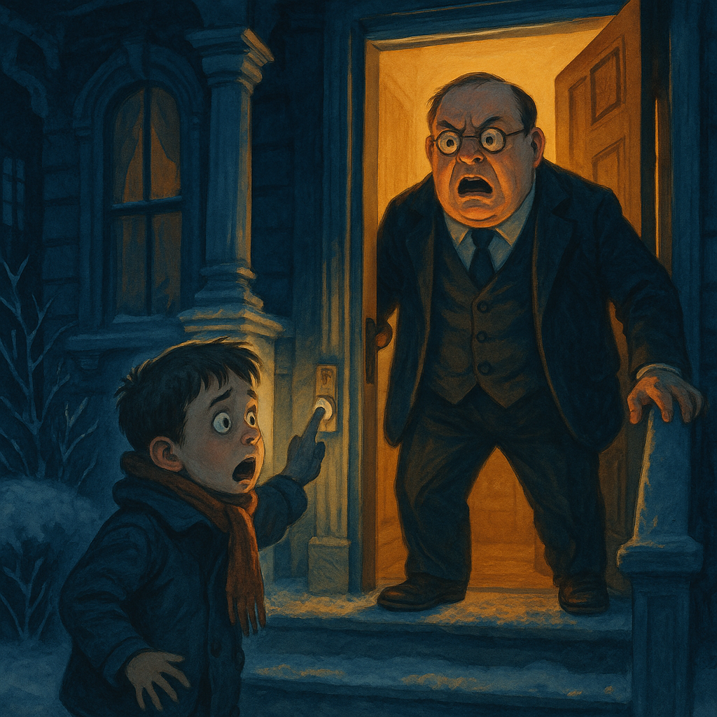 Gerald O'Rourke startled at the door by Mr. Bush in the dark — scene from The Wager of Gerald O'Rourke