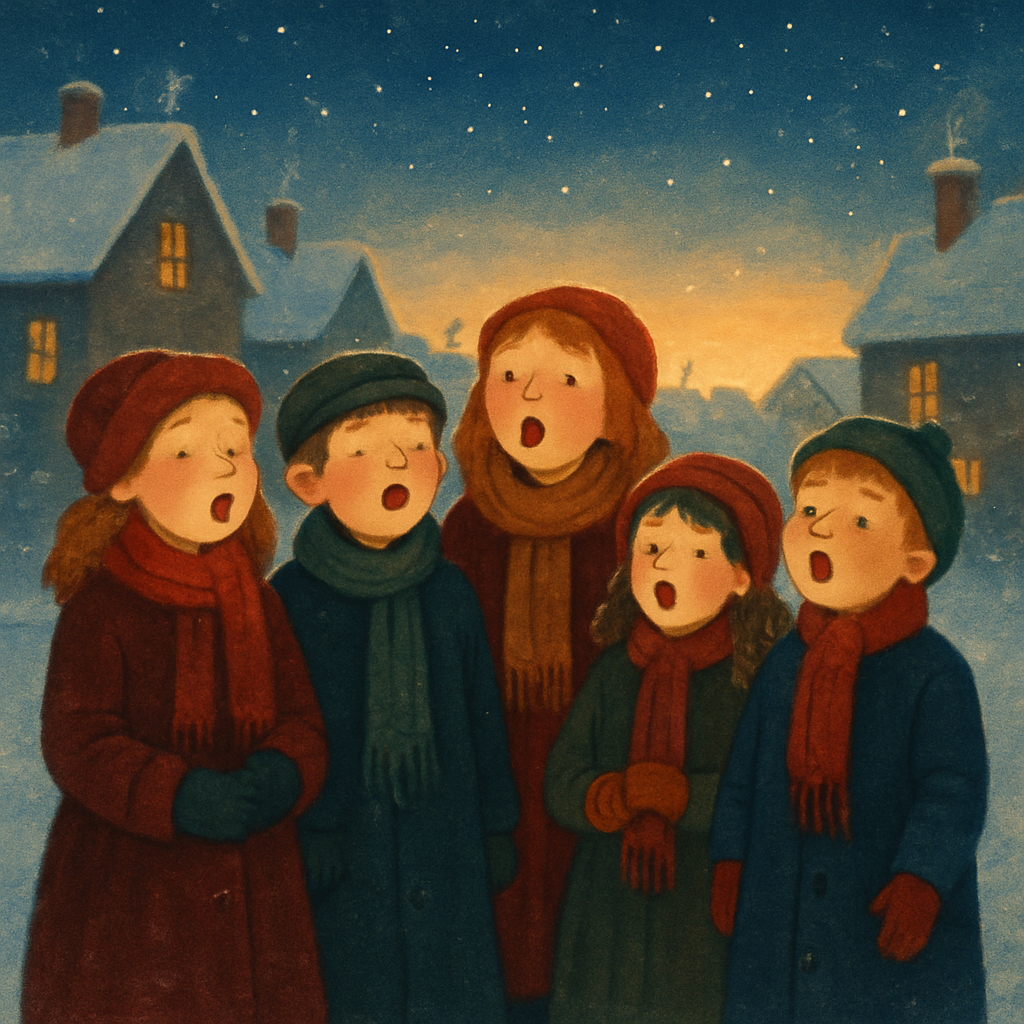A group of Victorian children singing Christmas carols in the snow at dawn, illustrating The Waits by Margaret Deland.