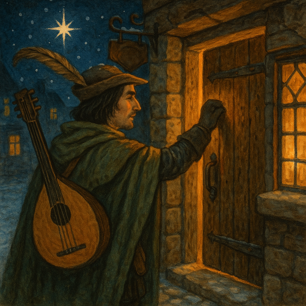 A wandering minstrel at an inn door on a winter night — illustration for The Wandering Minstrel