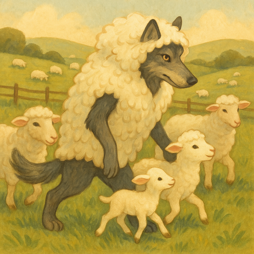 A wolf disguised in a sheepskin leads a small lamb across a pasture, in The Wolf in Sheep's Clothing by Aesop.