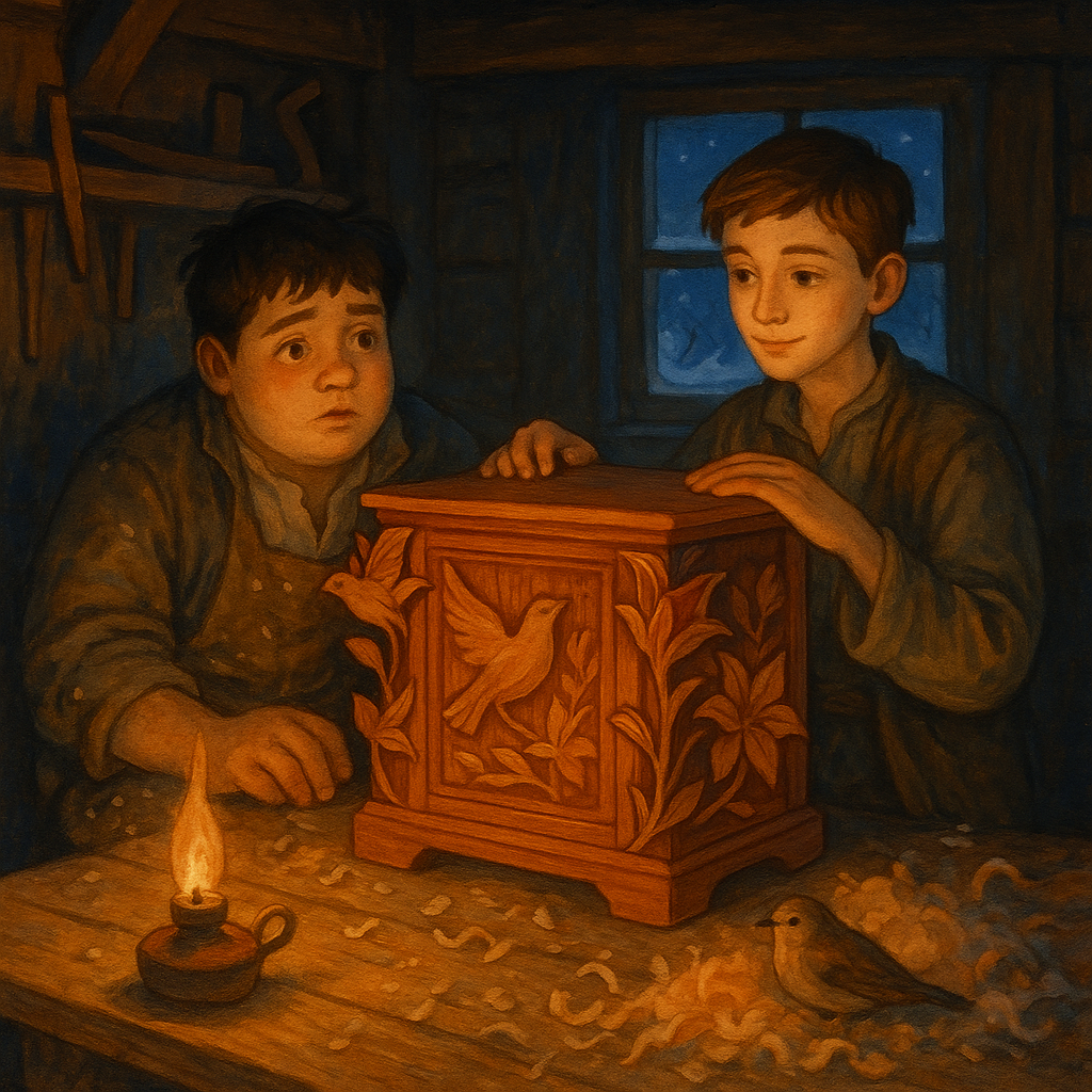 A quiet stranger helps a tired young apprentice carve a sandalwood cabinet by lamplight in The Worker in Sandalwood.