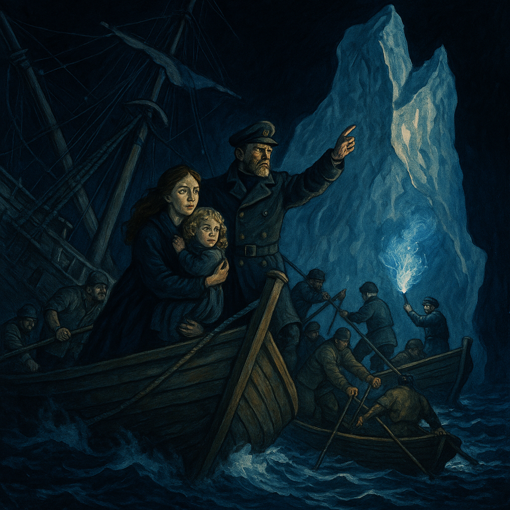 Captain Ravender directs the evacuation as the Golden Mary strikes an iceberg, in this scene from The Wreck of the Golden Mary.