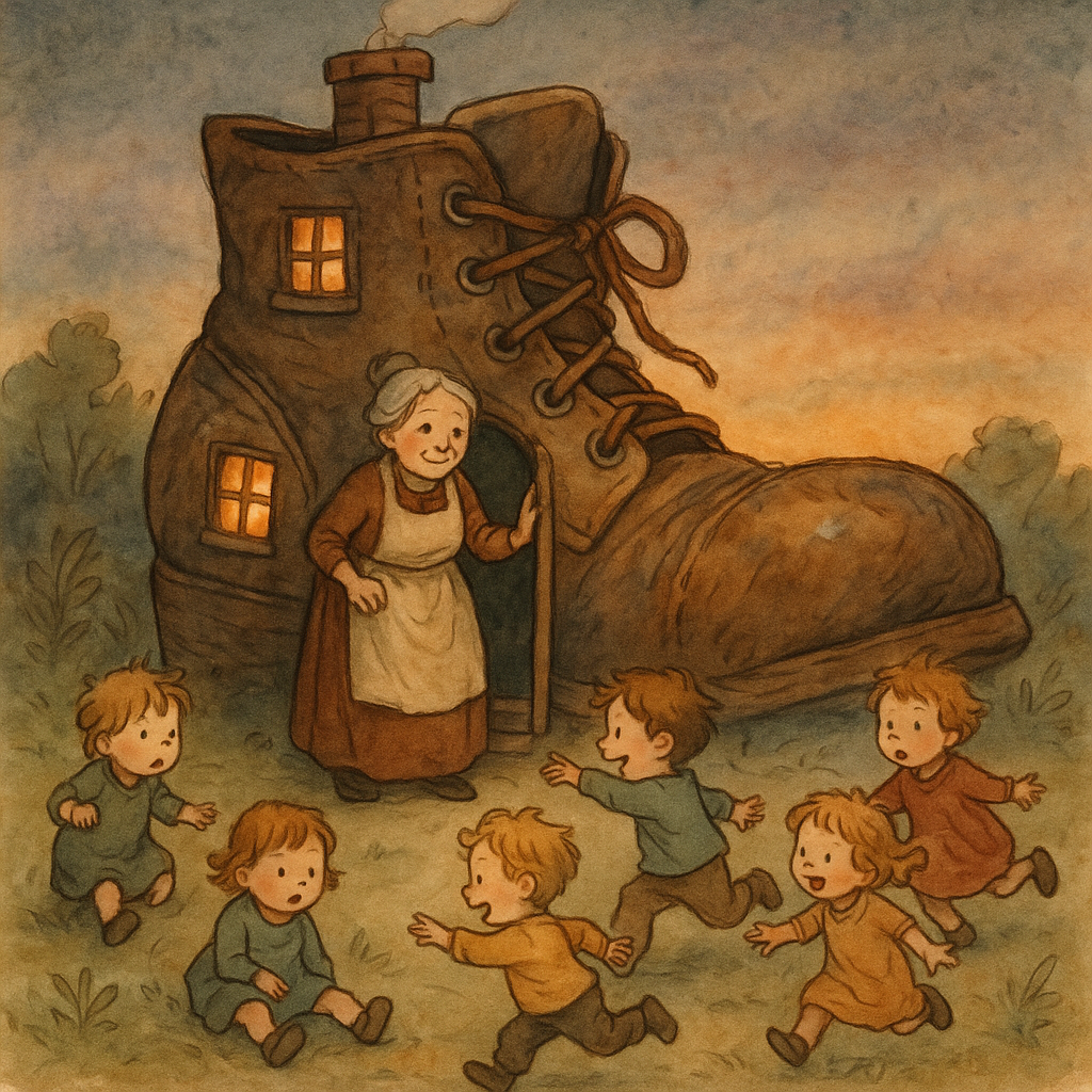 An old woman stands in the doorway of a giant shoe home surrounded by many young children, illustrating the nursery rhyme.