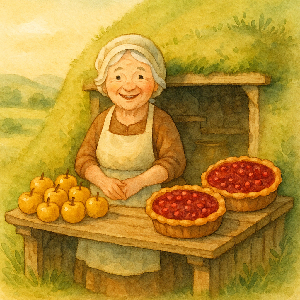 An old woman selling baked apples and cranberry pies from a stall under a hill, illustrating the nursery rhyme.