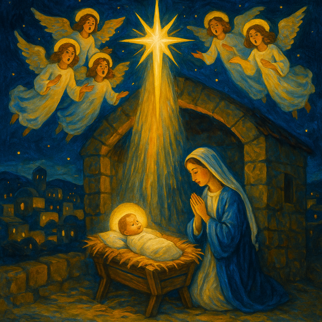 A glowing star lights the Bethlehem manger as angels sing above — scene from "There's a Song in the Air"