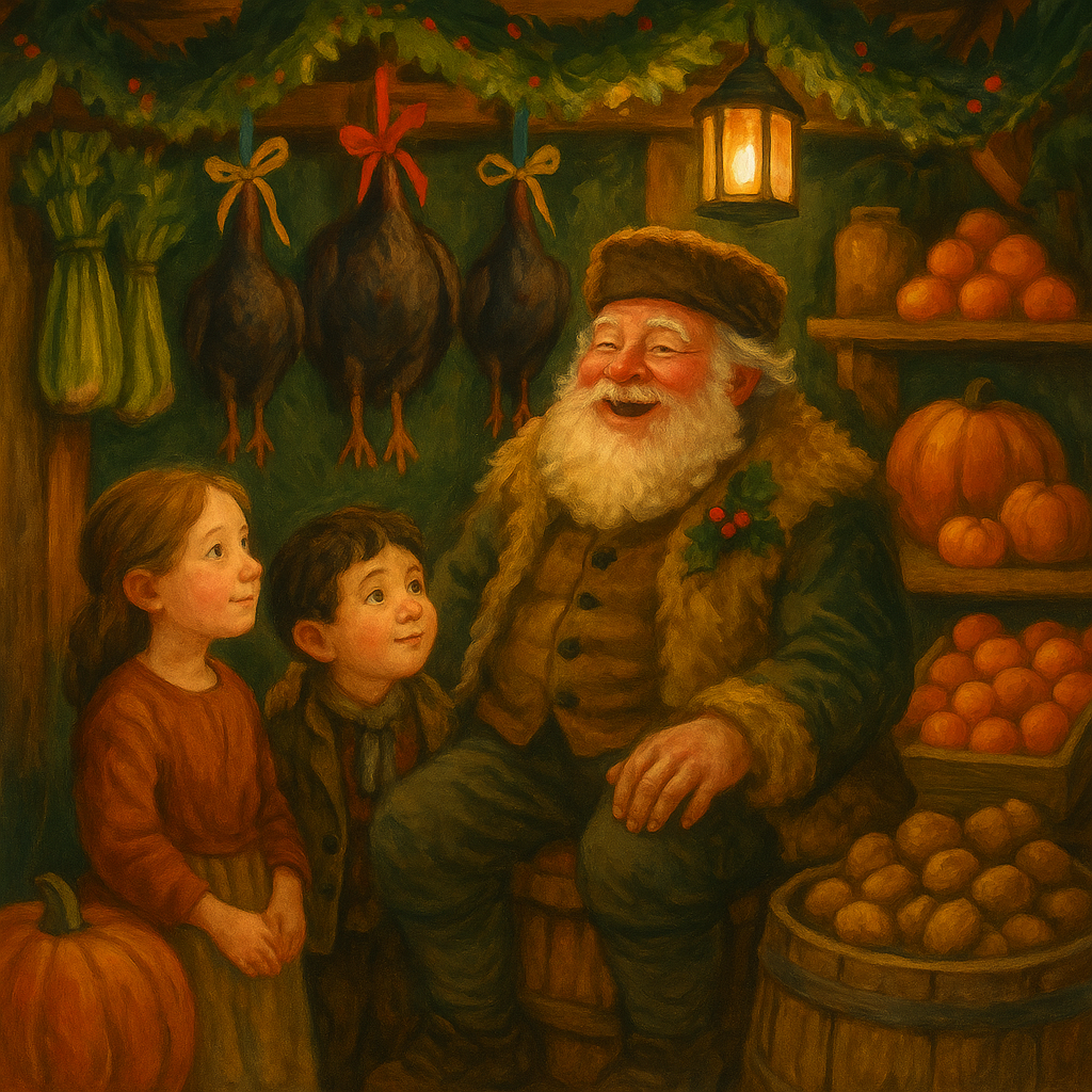 Neal and Hetty Todd tell their Christmas story to the jolly Mr. Golong in "They Got the Turkey"
