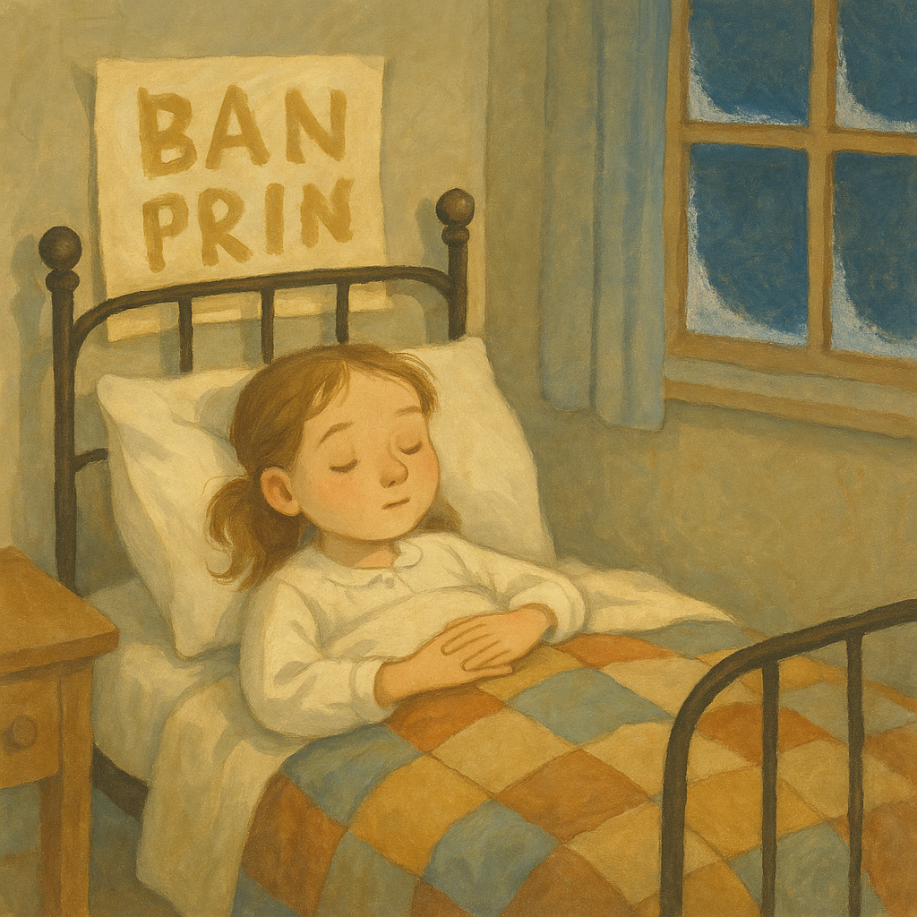 A young girl sleeps peacefully in bed with a paper sign pinned above her head in This Is Sarah Jane Collins