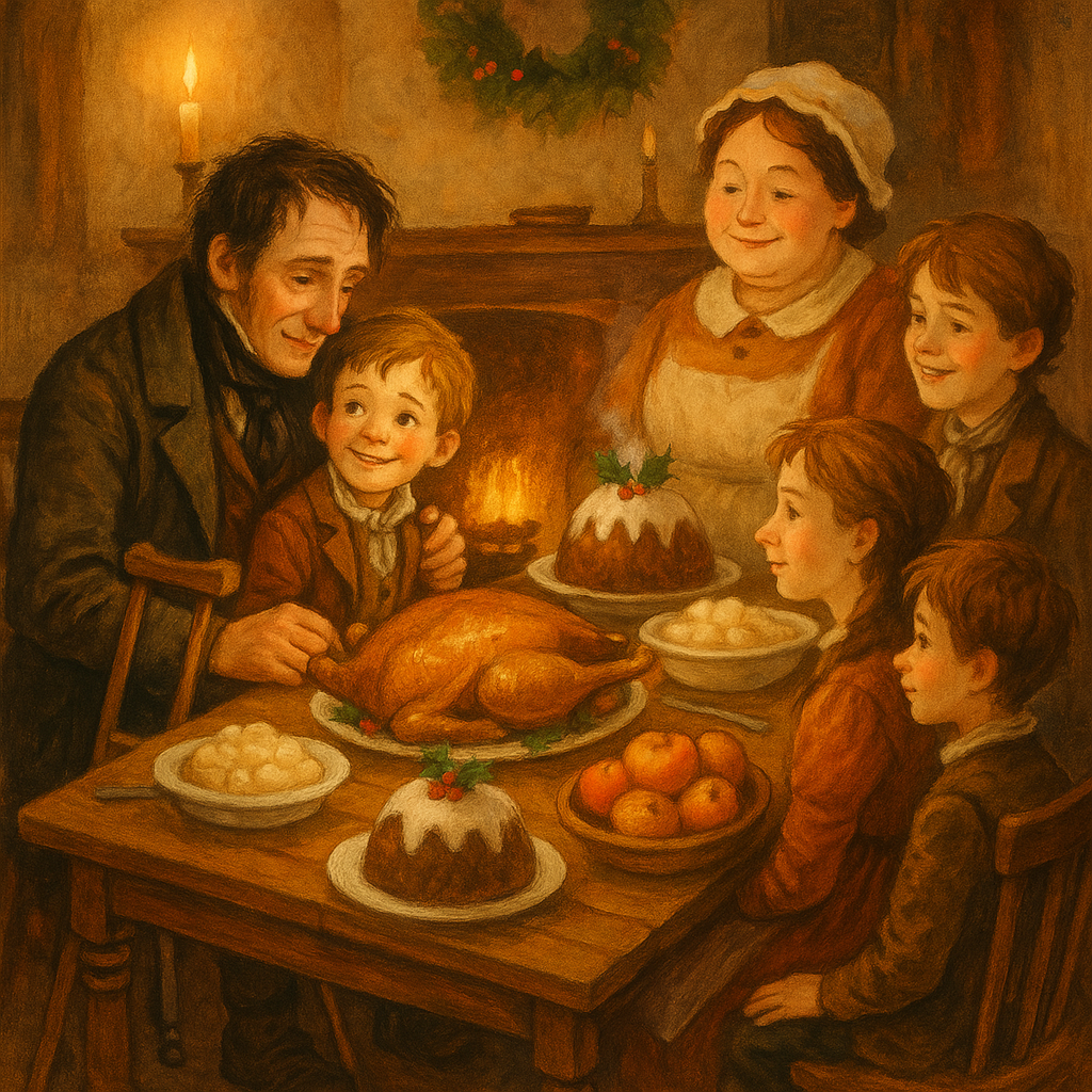 Bob Cratchit holds Tiny Tim's hand at the Christmas dinner table in this illustration from Tiny Tim by Charles Dickens.