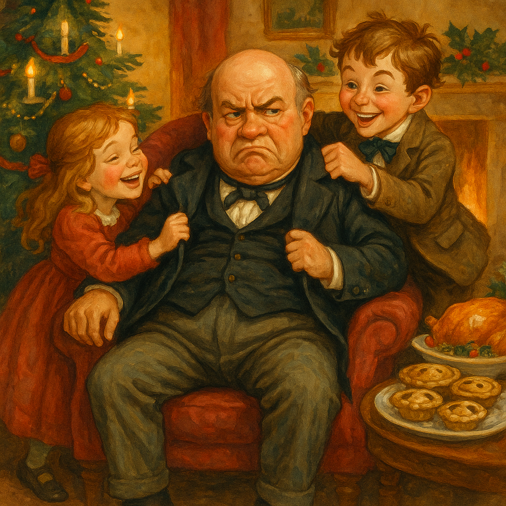 A grumpy stout man overwhelmed by festive children in a Victorian Christmas scene, illustrating "To An Old Fogey"
