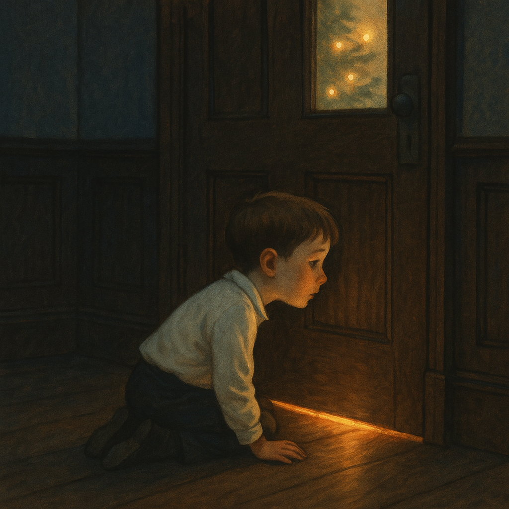 A young boy kneels alone in a dark hallway, watching golden Christmas tree light glow under a locked door — "Trimming the Christmas Tree."