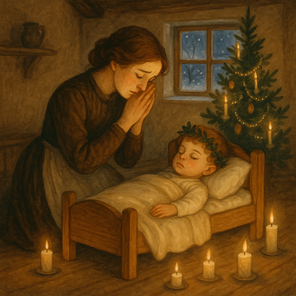 A grieving mother kneels beside her toddler's candlelit bed next to a glowing Christmas tree, from "Two Christmases."