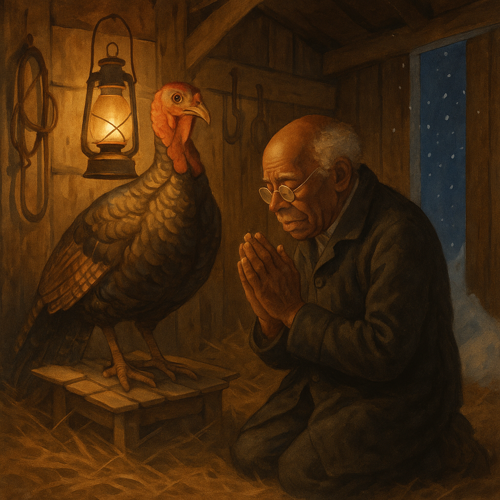 Uncle Noah kneels in prayer beside the turkey Job in the lantern-lit barn, in Uncle Noah's Christmas Inspiration.