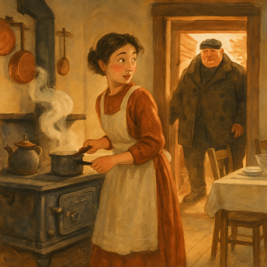 Prissy Baker turns in surprise as Uncle Richard appears in the doorway, in Uncle Richard's New Year Dinner.