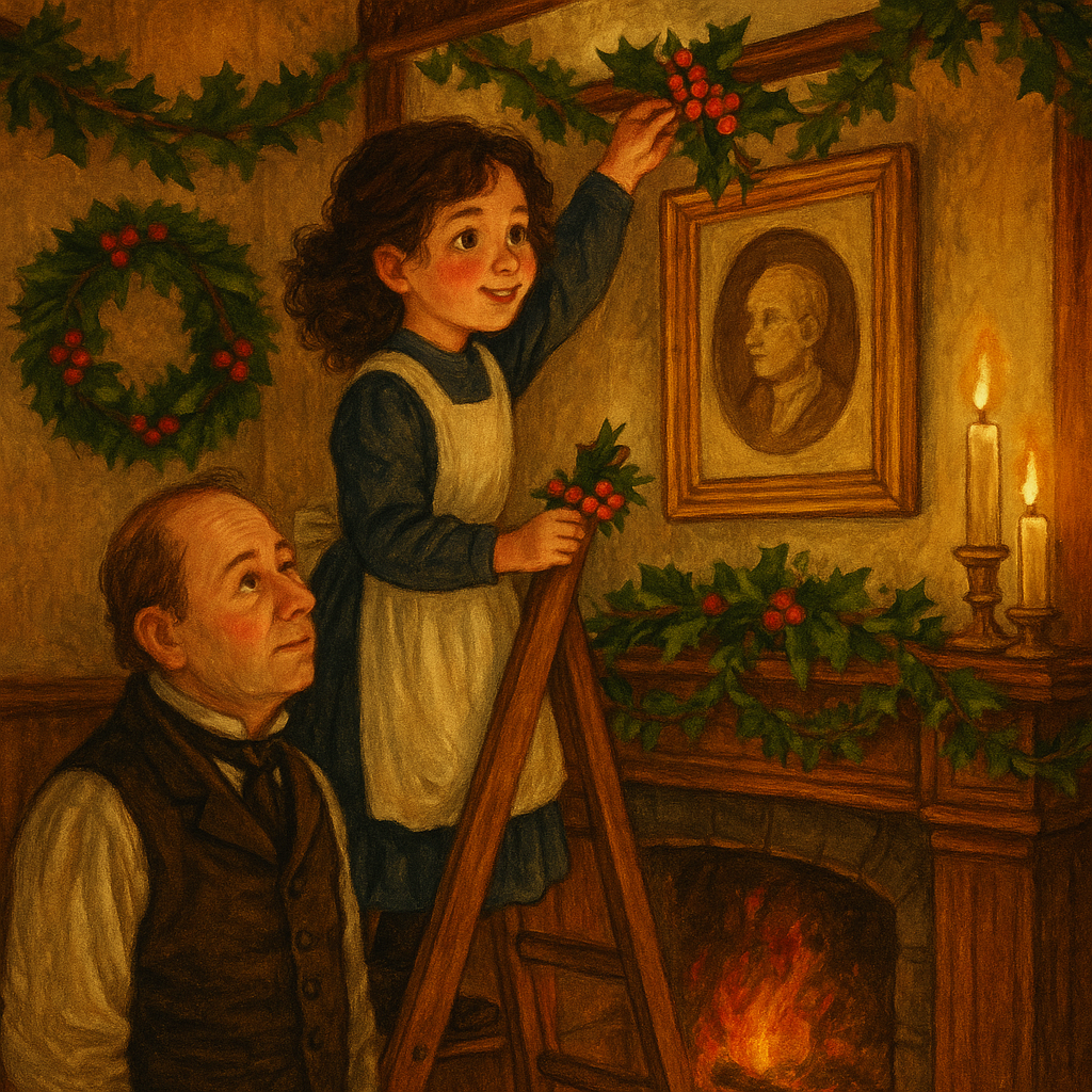 Clementine hangs holly above her portrait as Uncle Max listens, in Under the Holly Bough