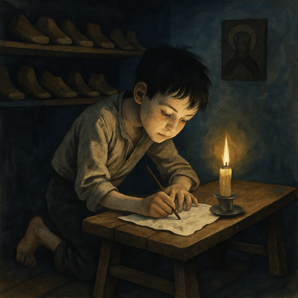 Young orphan Vanka kneeling by candlelight writing his desperate Christmas Eve letter, from Chekhov's story Vanka