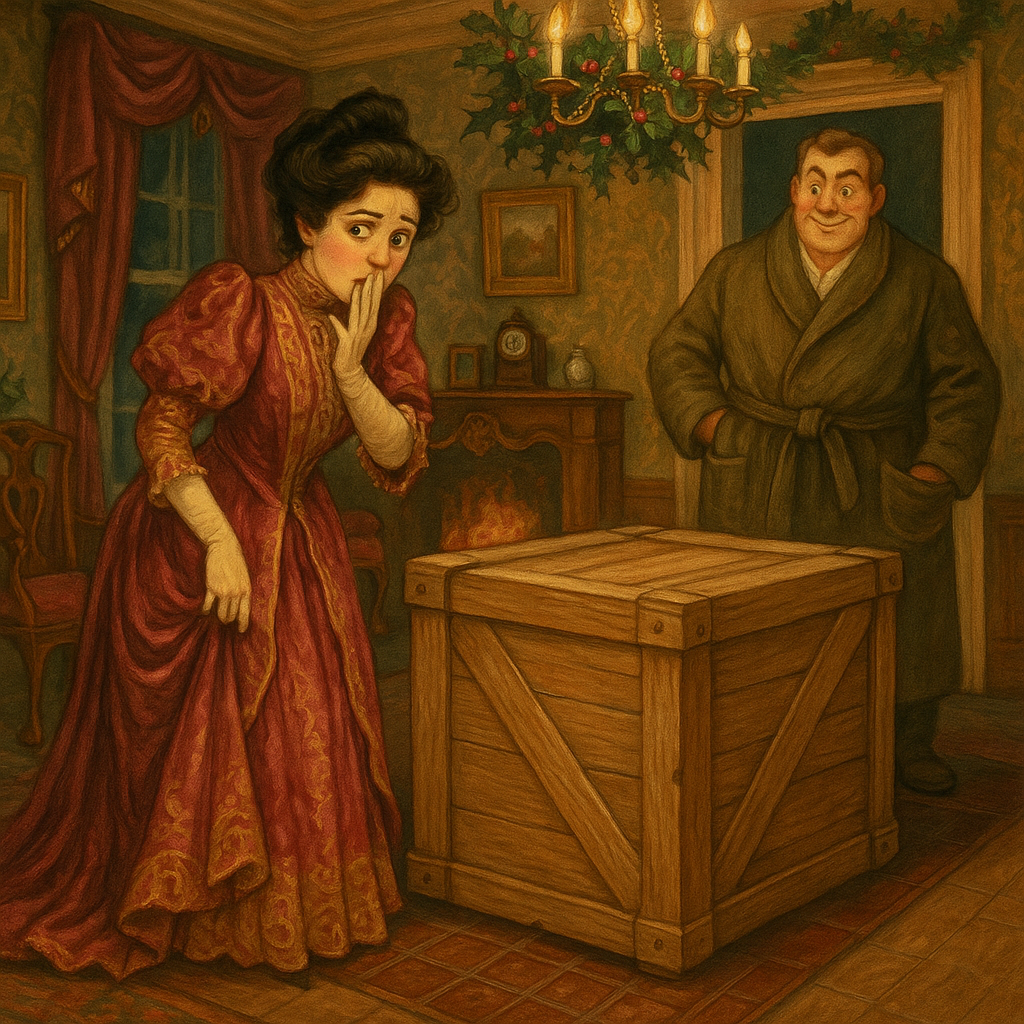 Vera in her tea gown stands anxiously beside the mysterious packing crate in Vera's First Christmas Adventure.