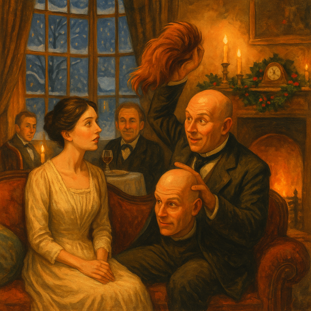 Mr Bittenger lifts his wig to reveal his bald head at the dinner table, in Vera's Second Christmas Adventure.