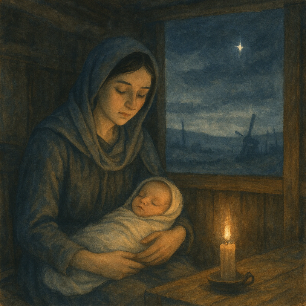 A young mother cradles her sleeping baby by candlelight in "Wartime Christmas" by Joyce Kilmer.