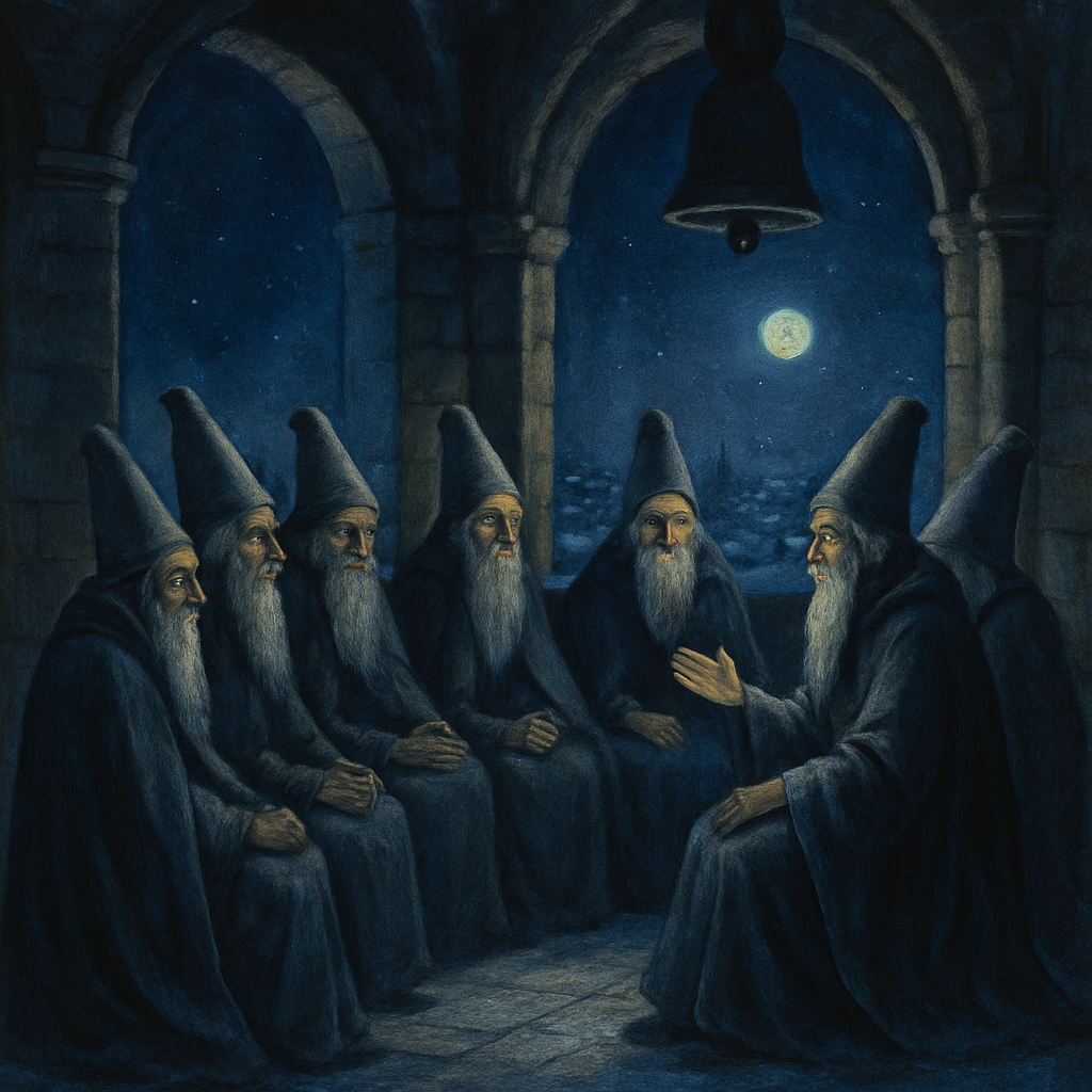 Six ancient bell-spirits in gray cloaks gather in a moonlit belfry on Christmas Eve, in "What the Bell Saw and Said."