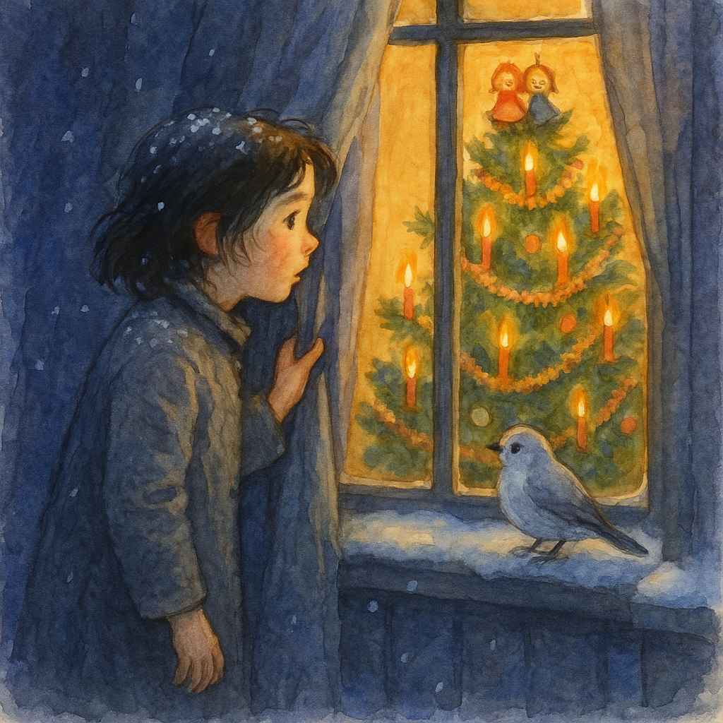 A girl peering through curtains at a glowing Christmas tree in What the Little Bird Told the Christmas Tree