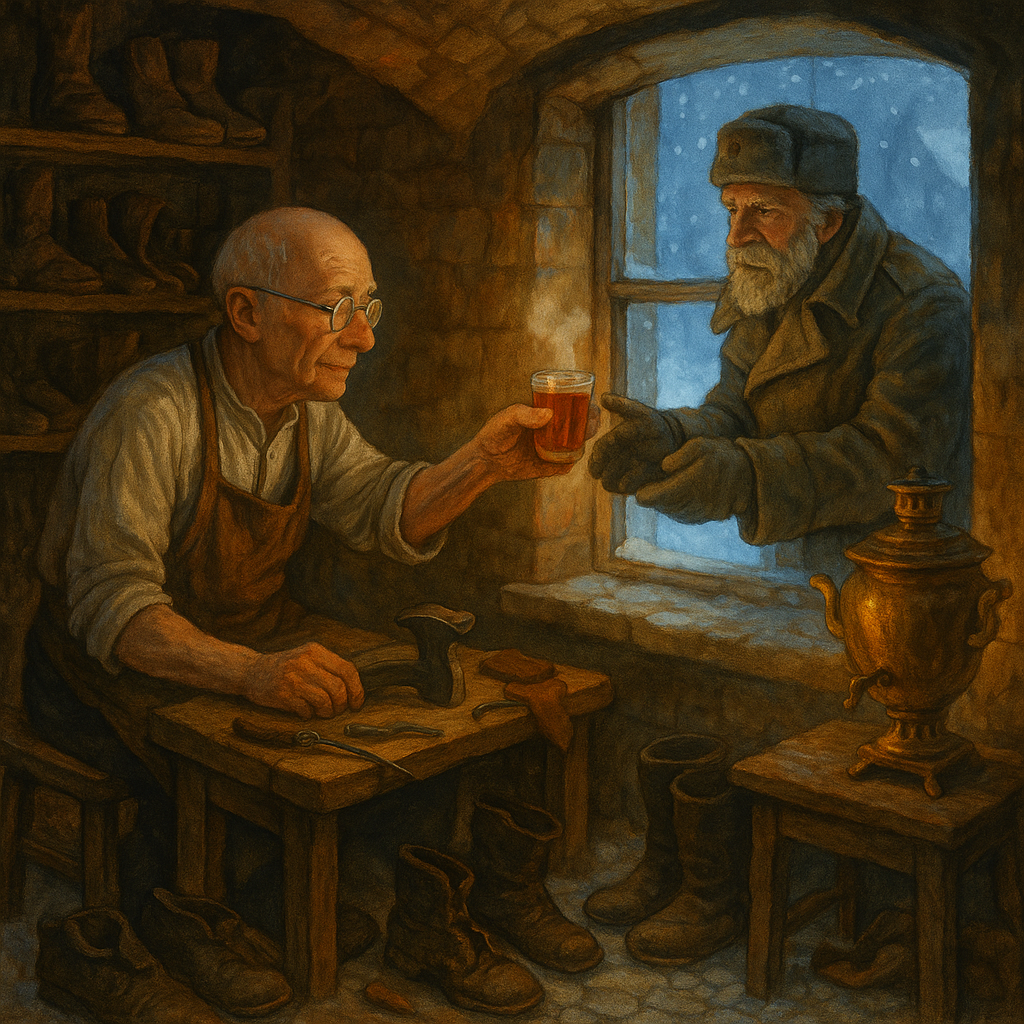 Den gamle skomager Martuin rækker et glas te ud af vinduet til en gammel soldat i sneen – illustration til "Where Love Is There God Is Also"