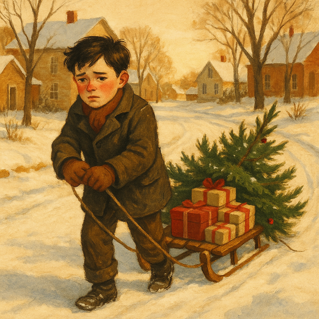 A boy drags a sled loaded with Christmas presents and a tree through the snow, in "Where the Christmas-tree Grew"